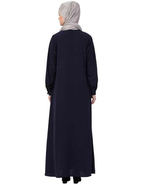 Modern Front Open white patch pocket Casual Abaya Navy Blue