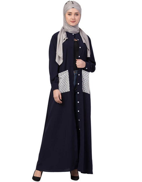 Modern Front Open white patch pocket Casual Abaya Navy Blue
