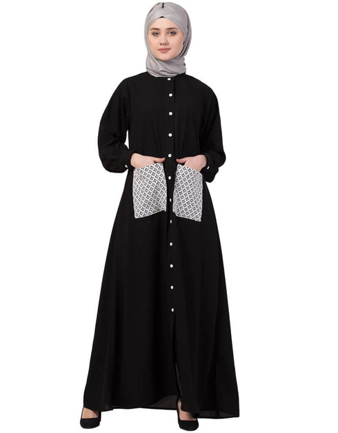 Dubai Front Open white patch pocket Casual Abaya Black