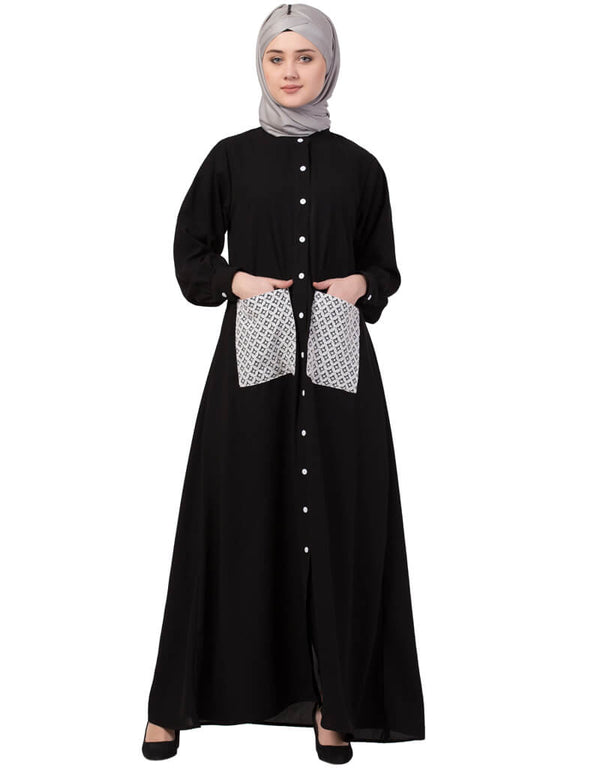 Dubai Front Open white patch pocket Casual Abaya Black