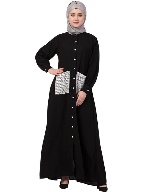 Dubai Front Open white patch pocket Casual Abaya Black