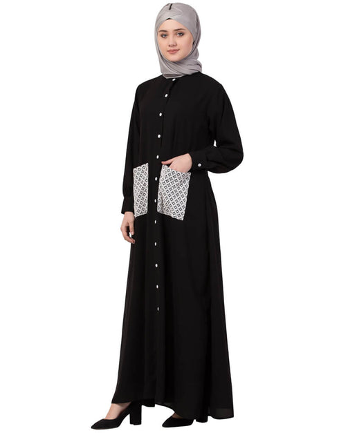 Dubai Front Open white patch pocket Casual Abaya Black