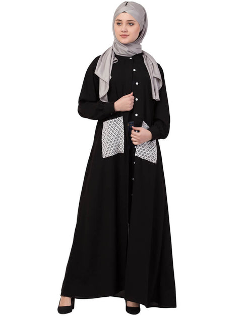 Dubai Front Open white patch pocket Casual Abaya Black