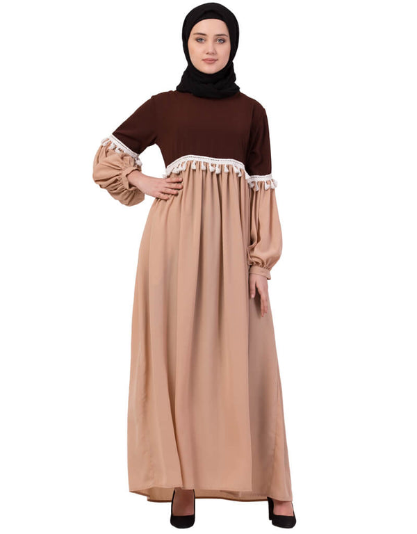 Muslim Two Color With Lace Gathered Abaya Brown