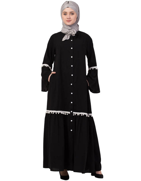 Modest Bell Sleeve Front Open Gathered Abaya Black