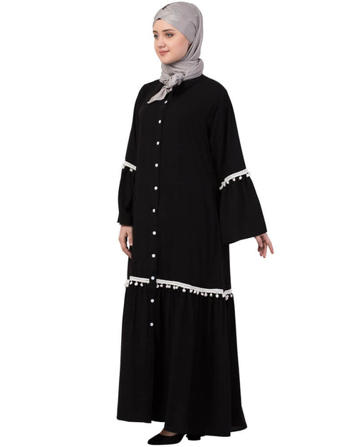 Modest Bell Sleeve Front Open Gathered Abaya Black