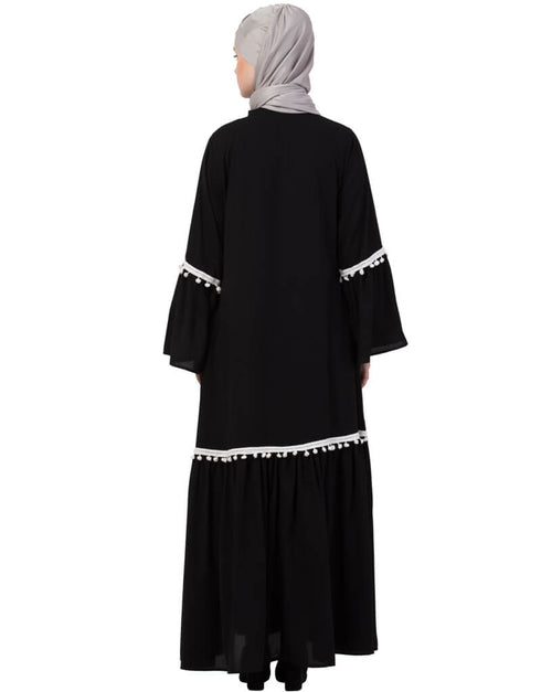 Modest Bell Sleeve Front Open Gathered Abaya Black