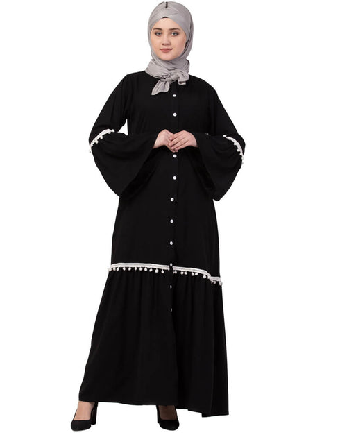 Modest Bell Sleeve Front Open Gathered Abaya Black