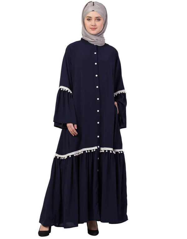 Islamic Bell Sleeve Front Open Gathered Abaya Navy Blue