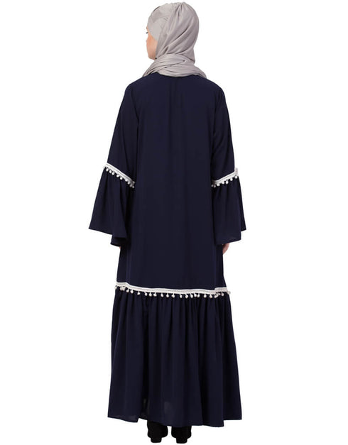 Islamic Bell Sleeve Front Open Gathered Abaya Navy Blue