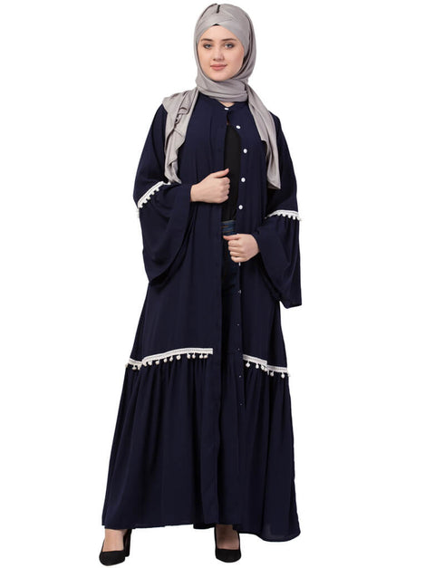 Islamic Bell Sleeve Front Open Gathered Abaya Navy Blue