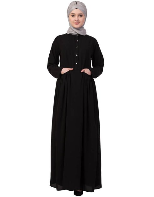 Arabic Front Gathered Pocket Casual Abaya Black