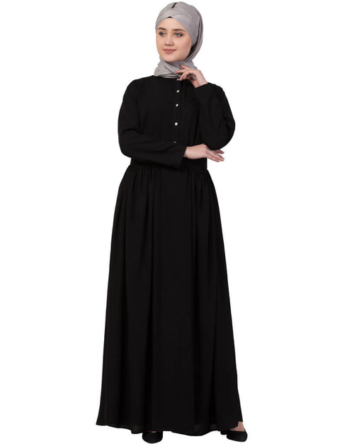 Arabic Front Gathered Pocket Casual Abaya Black