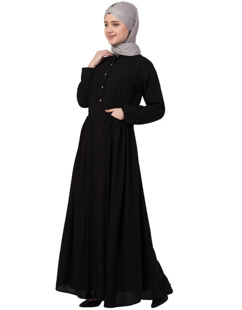 Arabic Front Gathered Pocket Casual Abaya Black