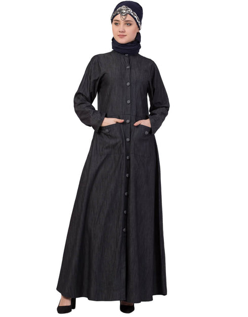 Women Patch Pocket Denim Abaya Black