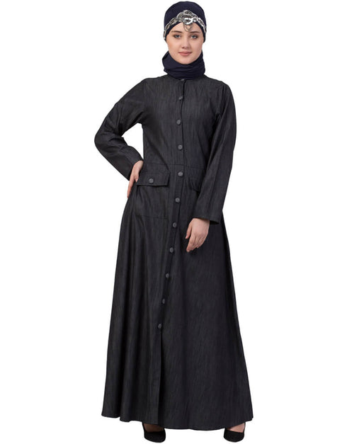 Women Patch Pocket Denim Abaya Black