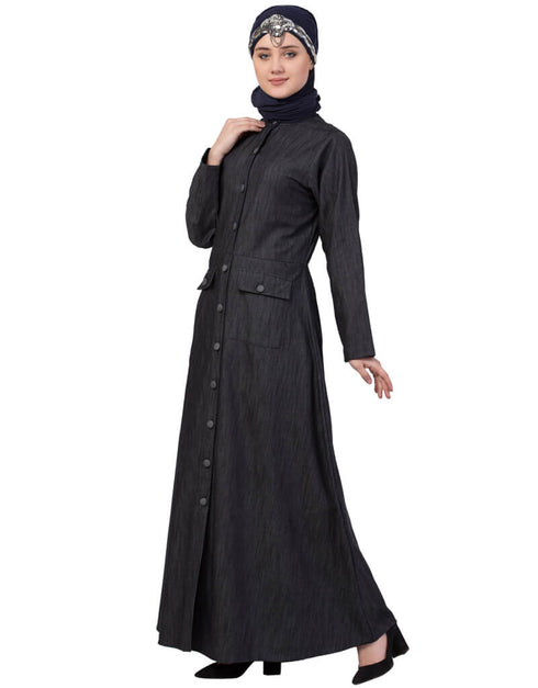 Women Patch Pocket Denim Abaya Black