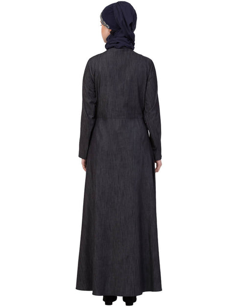 Women Patch Pocket Denim Abaya Black