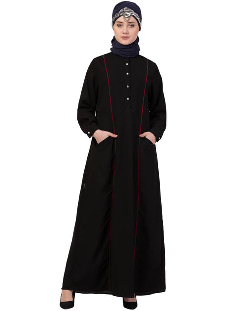 Muslimah Princess Seam Contrast Pipping Executive Abaya Black
