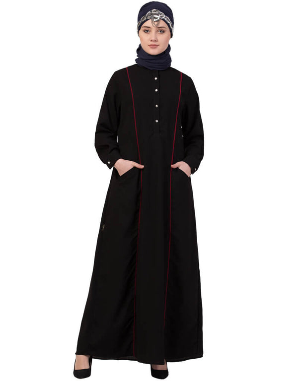 Muslimah Princess Seam Contrast Pipping Executive Abaya Black