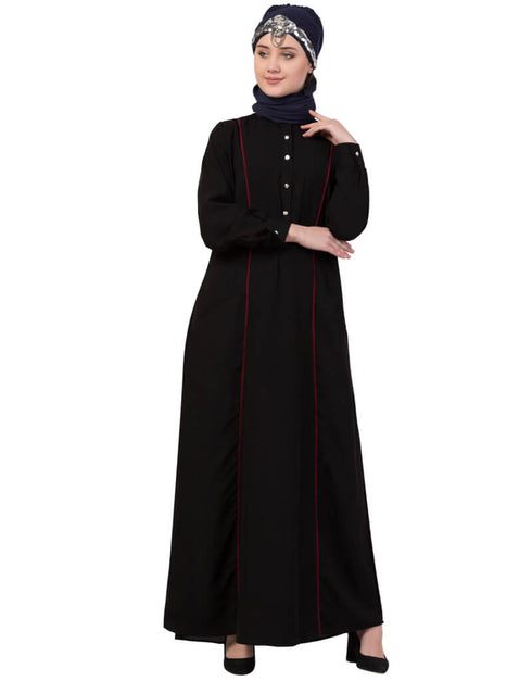 Muslimah Princess Seam Contrast Pipping Executive Abaya Black