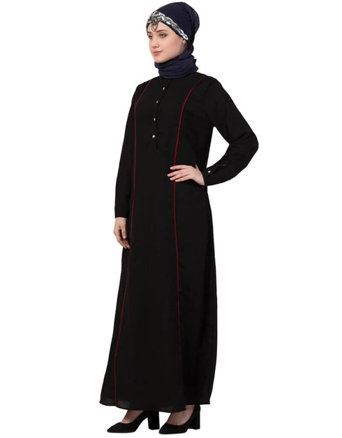Muslimah Princess Seam Contrast Pipping Executive Abaya Black