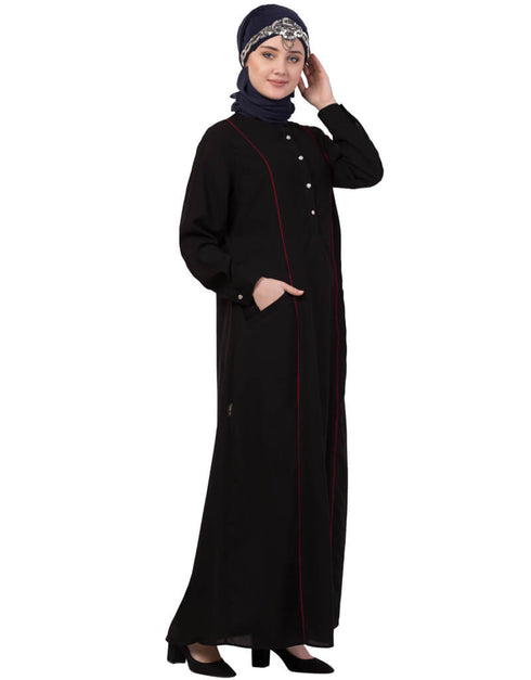 Muslimah Princess Seam Contrast Pipping Executive Abaya Black