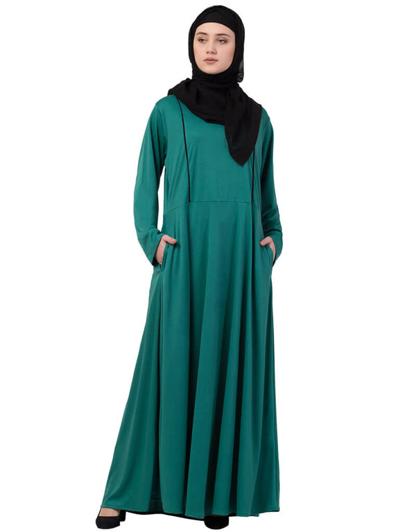 Chic Contrast Piping Flare Knits Abaya Green