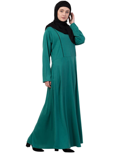 Chic Contrast Piping Flare Knits Abaya Green