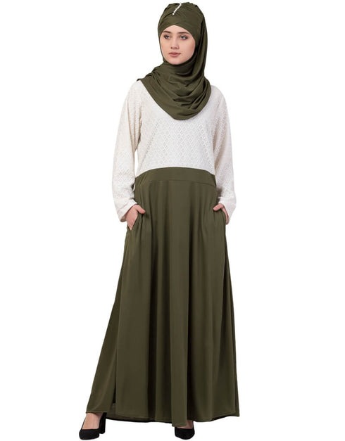 Trendy Lace Body Solid Skirt Two Color Abaya White