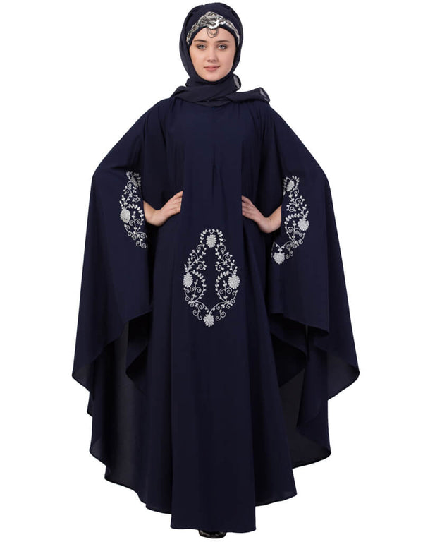 Muslim Silver Zari Embroidered Irani Nida Kaftan Navy Blue