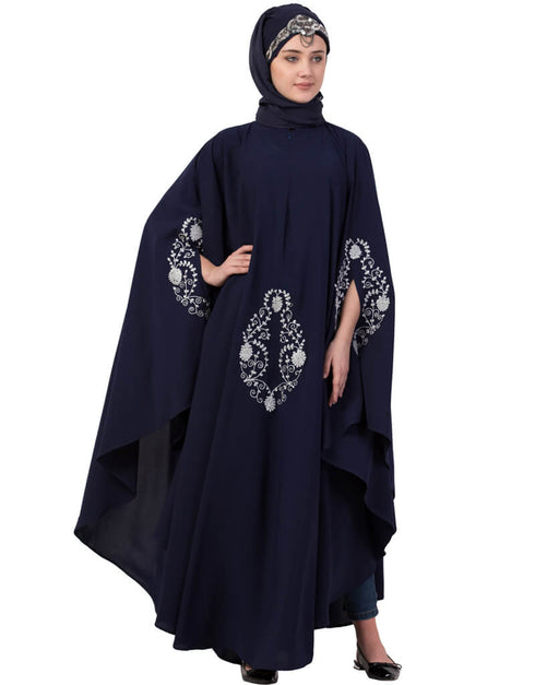 Muslim Silver Zari Embroidered Irani Nida Kaftan Navy Blue