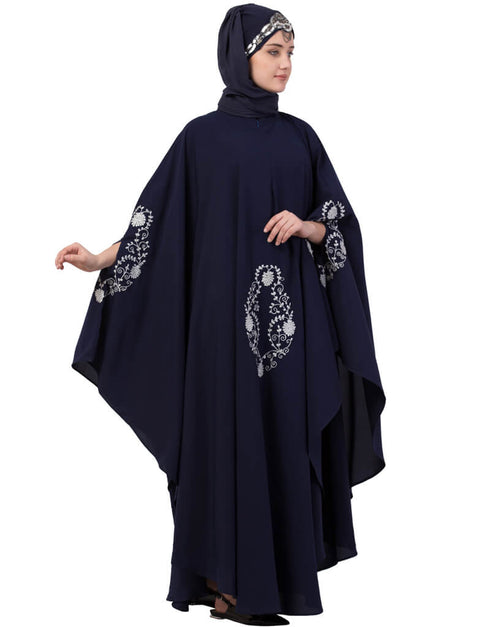 Muslim Silver Zari Embroidered Irani Nida Kaftan Navy Blue