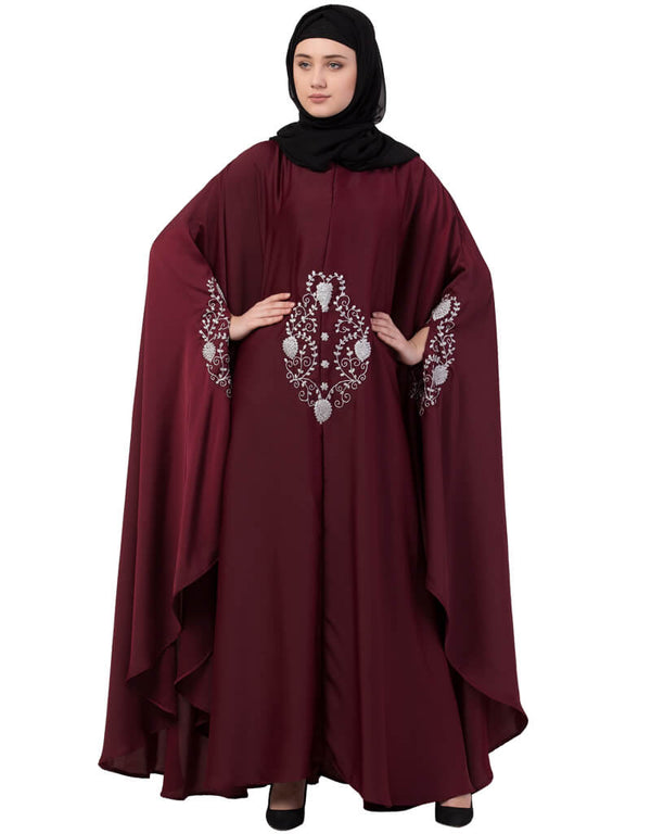 Modest Silver Zari Embroidered Irani Nida Kaftan Maroon