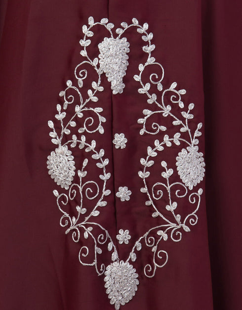 Modest Silver Zari Embroidered Irani Nida Kaftan Maroon