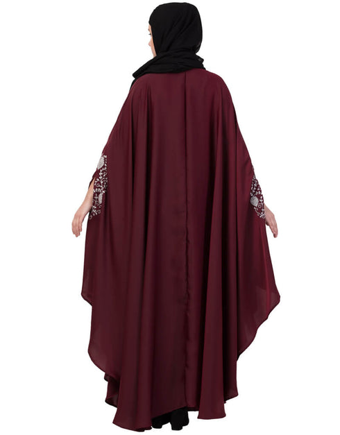 Modest Silver Zari Embroidered Irani Nida Kaftan Maroon
