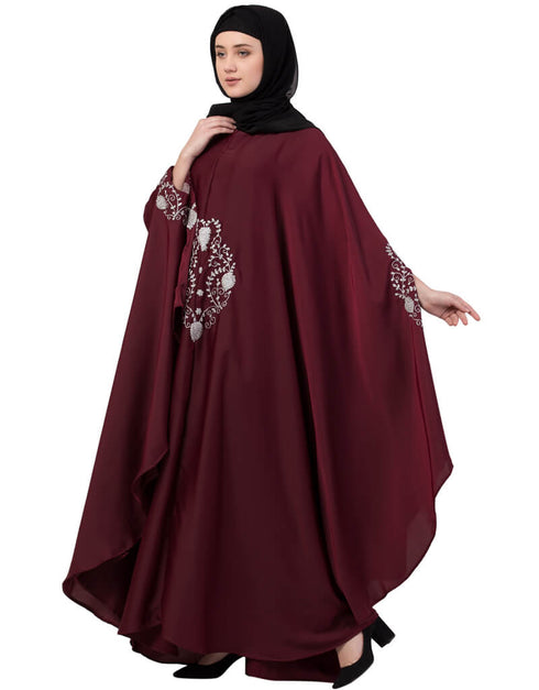 Modest Silver Zari Embroidered Irani Nida Kaftan Maroon