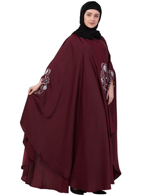 Modest Silver Zari Embroidered Irani Nida Kaftan Maroon