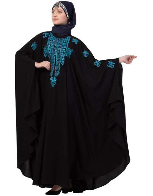 Islamic Contrast Zari Embroidered Irani Kaftan Black