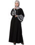 Women Bell Embroidered Sleeve Front Open Abaya Black