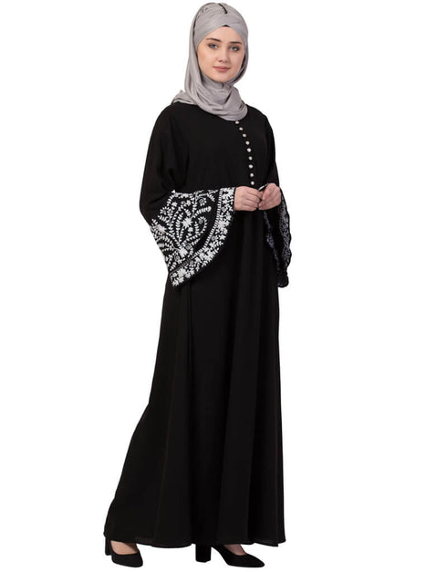 Women Bell Embroidered Sleeve Front Open Abaya Black