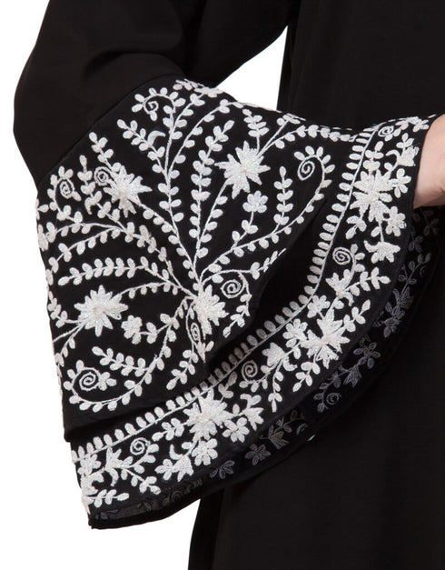 Women Bell Embroidered Sleeve Front Open Abaya Black