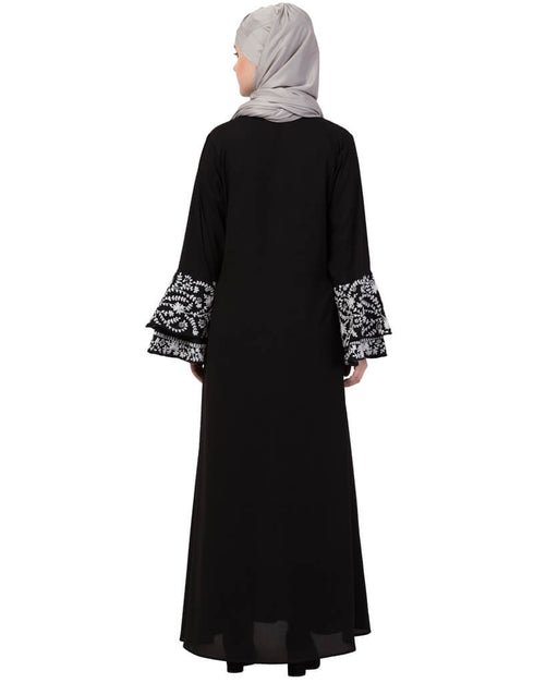Women Bell Embroidered Sleeve Front Open Abaya Black