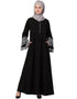 Women Bell Embroidered Sleeve Front Open Abaya Black