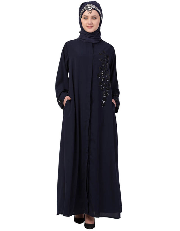 Muslimah Hand Embroidered Front Open Abaya Navy Blue