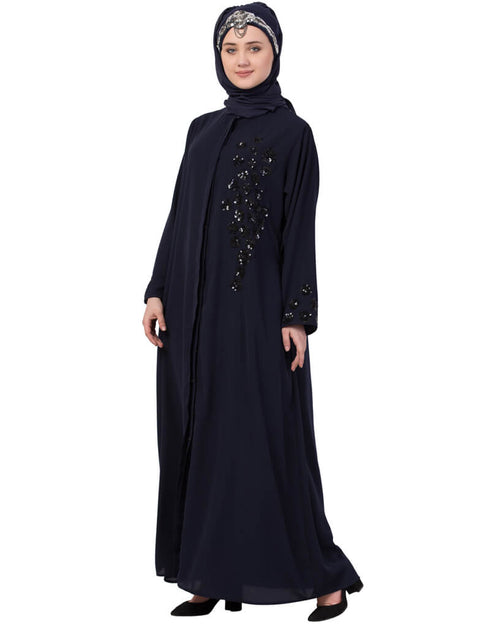 Muslimah Hand Embroidered Front Open Abaya Navy Blue