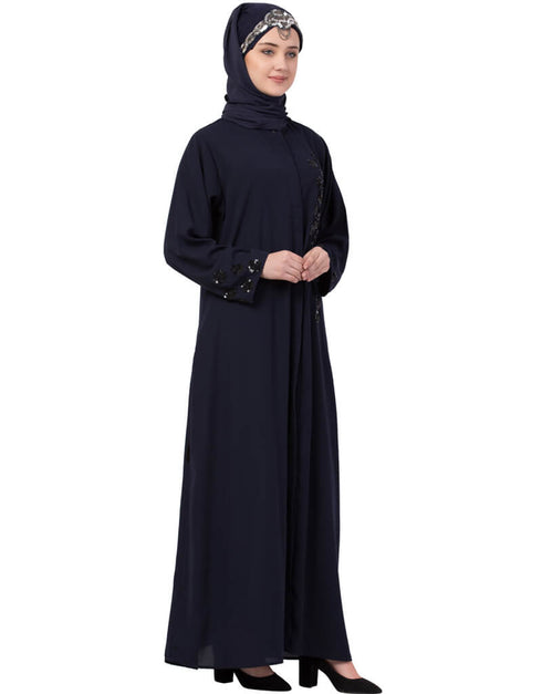 Muslimah Hand Embroidered Front Open Abaya Navy Blue