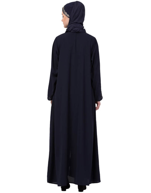 Muslimah Hand Embroidered Front Open Abaya Navy Blue