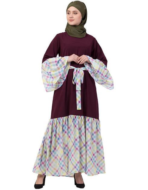 Chic Bell Sleeve Printed Checks Casual Abaya Wine