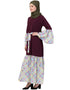 Chic Bell Sleeve Printed Checks Casual Abaya Wine